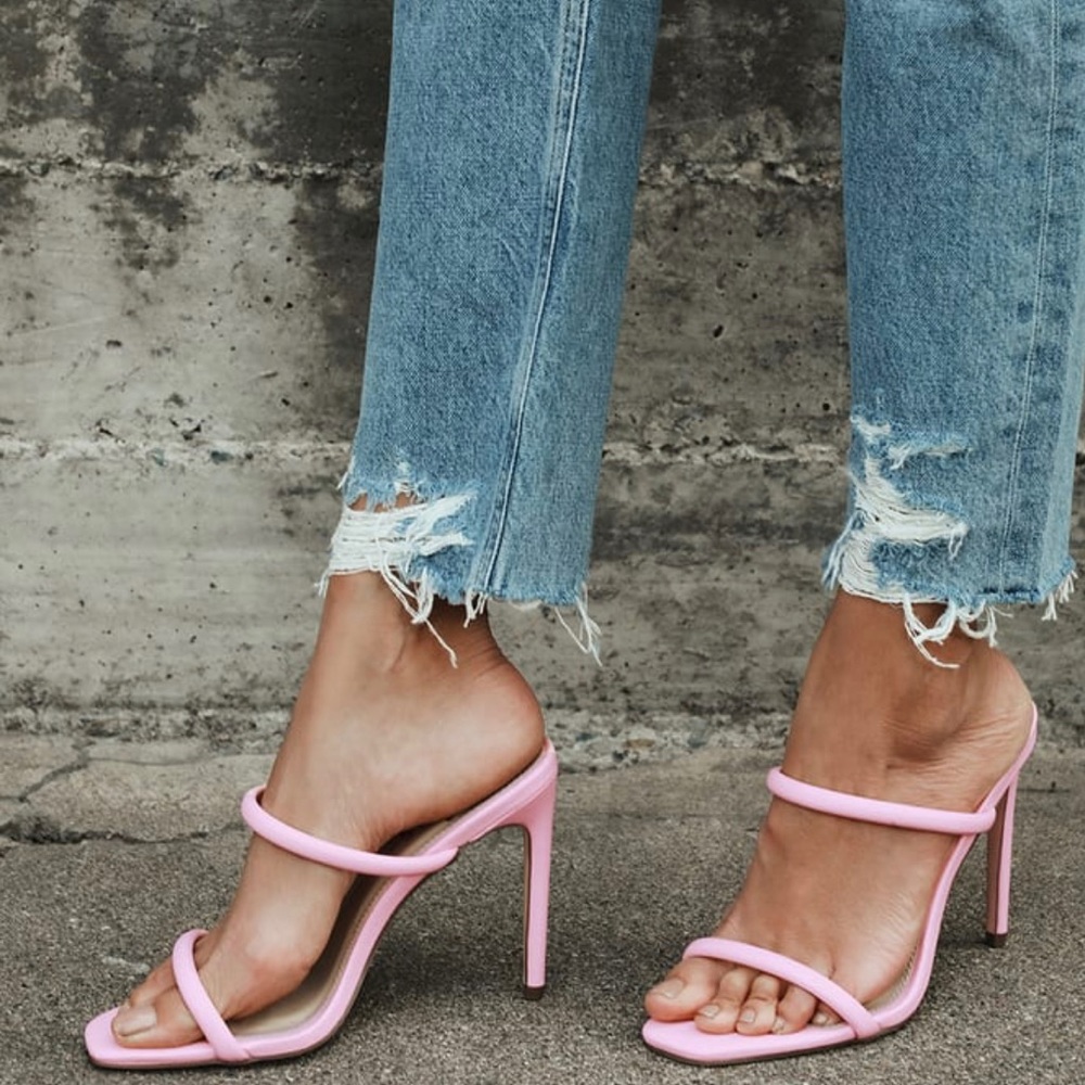 Theyaa Light Pink Square-Toe High Heel Sandals